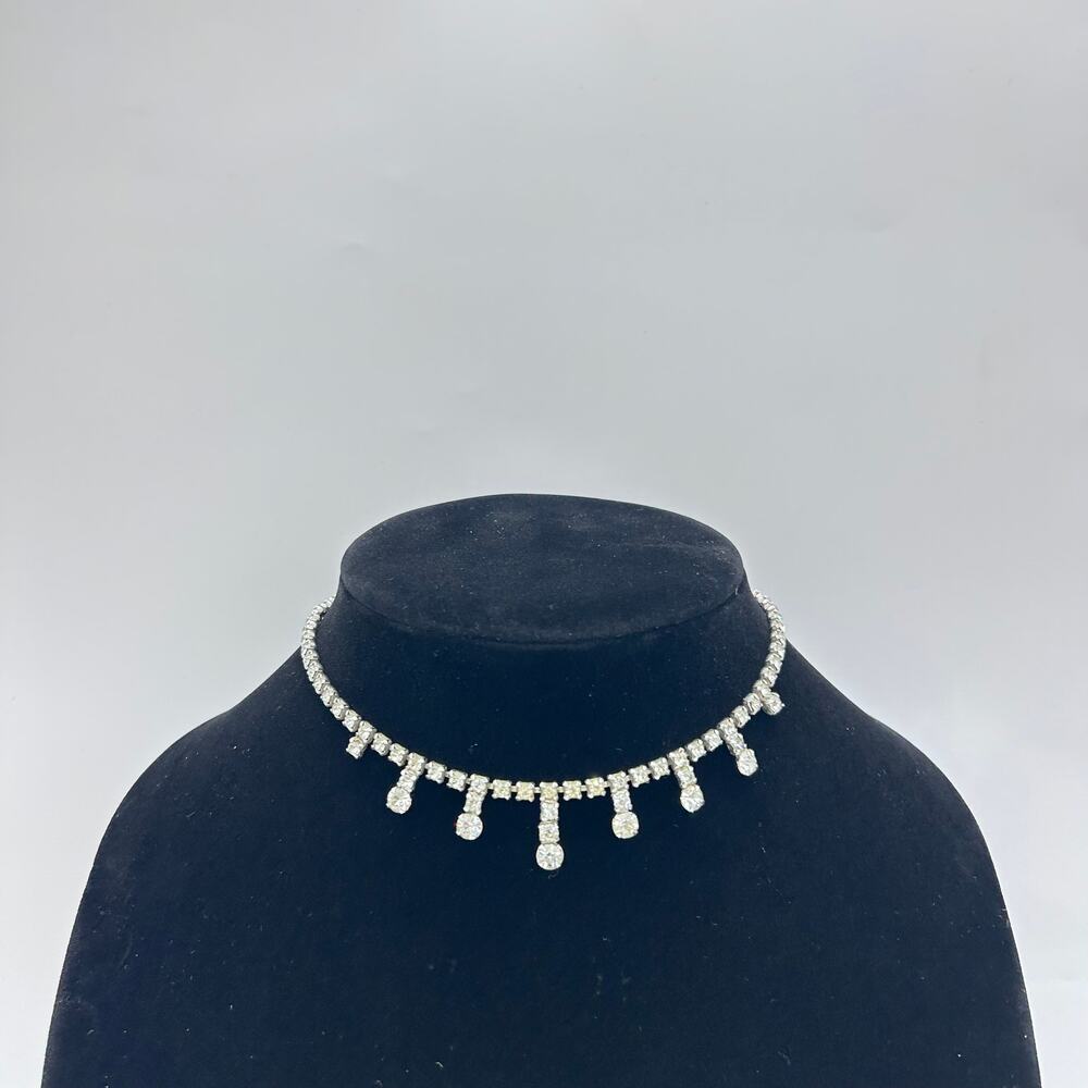 Vintage Rhinestone Necklace Clear MCM Elegant Silver Tone Costume Jewelry